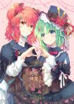  2girls alternate_costume black_capelet blue_headwear capelet closed_mouth flower green_eyes green_hair hair_flower hair_ornament hairclip heart heart_hands heart_hands_duo long_sleeves looking_at_viewer multiple_girls onozuka_komachi red_eyes red_flower redhead shiki_eiki short_hair smile spider_lily touhou translation_request two_side_up upper_body white_background yamadori_ofuu 