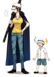  ... 1boy 1girl arm_tattoo black_footwear black_hair chest_tattoo child coat coat_on_shoulders dual_persona genderswap genderswap_(mtf) hand_on_hip hat highres holding holding_sheath holding_sword holding_weapon looking_away male_child o_o one_piece sheath sheathed shinto_s shirt short_hair short_sleeves shorts standing surprised sword tank_top tattoo time_paradox trafalgar_law weapon white_background white_shirt yellow_tank_top 