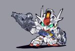  aqua_eyes chibi chikichikibanban gun gundam gundam_aerial gundam_suisei_no_majo highres holding holding_gun holding_shield holding_weapon leaning_to_the_side mecha no_humans robot sd_gundam shadow shield solo v-fin weapon 