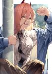  1girl absurdres black_necktie chainsaw_man clouds fangs highres horns kugatunohito long_hair long_sleeves necktie open_mouth power_(chainsaw_man) sharp_teeth shirt teeth utility_pole white_shirt yellow_eyes 