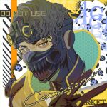  1boy apex_legends black_gloves brown_eyes brown_hair commentary commission english_text gloves goggles goggles_on_head jacket looking_at_viewer male_focus mirage_(apex_legends) night_crawler_mirage official_alternate_costume solo symbol-only_commentary thick_eyebrows v yellow_jacket yitiao_da_shu 