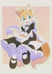  1boy alternate_costume animal_nose apron banri_0917 black_dress blue_eyes blush crossdressing dress embarrassed enmaided fox_boy furry furry_male highres juliet_sleeves long_sleeves maid male_focus multiple_tails puffy_sleeves solo sonic_(series) tail tails_(sonic) two_tails white_apron 