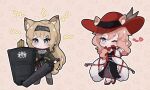  2girls ;) animal_ears arknights black_bracelet black_dress black_hairband blue_eyes blush cat_ears chibi dress earpiece ears_through_headwear extra_ears feather_boa full_body gloves green_jacket grey_shirt hair_ornament hairband hairclip hat heidi_(arknights) holding holding_shield holding_sword holding_weapon horn_(arknights) infection_monitor_(arknights) jacket kurotofu light_brown_hair long_hair looking_at_viewer multiple_girls one_eye_closed open_clothes open_jacket outline pink_hair red_footwear red_gloves red_headwear second-party_source shield shirt smile split_mouth standing sword tail weapon white_outline wolf_ears wolf_girl wolf_tail 