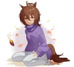  1girl agnes_tachyon_(umamusume) ahoge alternate_costume animal_ears barefoot brown_hair food full_body hair_between_eyes horse_ears horse_girl horse_tail looking_at_viewer messy_hair pants purple_sweater red_eyes seiza short_hair sitting smile solo sweater sweet_potato tail turtleneck turtleneck_sweater umamusume yanyo_(ogino_atsuki) 