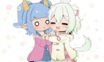  2girls ahoge animal_ear_fluff animal_ears bangs black_choker blue_hair blunt_bangs cheek-to-cheek chibi choker closed_eyes clothing_cutout ferret_girl ferret_tail food fruit gradient_hair hackerling heads_together highres horns indie_virtual_youtuber jacket laimu_(vtuber) light_blush light_green_hair lime_(fruit) marking_on_cheek multicolored_hair multiple_girls o_o patterned_background paw_print pink_jacket pointy_ears single_tooth star_(symbol) tail twintails vinesauce virtual_youtuber zdrq3 