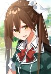  1girl bow bowtie brown_hair green_jacket hair_between_eyes hair_ribbon highres jacket kantai_collection katsuobushi_(eba_games) long_hair looking_at_viewer open_mouth red_bow red_bowtie ribbon smile solo tone_(kancolle) tone_kai_ni_(kancolle) twintails upper_body 