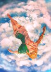  1boy above_clouds asymmetrical_sleeves blonde_hair blue_sky closed_mouth clouds cloudy_sky english_commentary fantasy from_above highres inktober link male_focus mochiwei one_eye_closed outdoors pointy_ears short_hair sky solo the_legend_of_zelda toga 