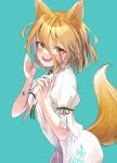  1girl animal_ears blonde_hair blue_background dress fox_ears highres hogemi kitsune kudamaki_tsukasa looking_at_viewer open_mouth short_hair short_sleeves smile solo tail teeth touhou white_dress yellow_eyes 