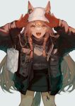  1girl :d absurdres arknights black_jacket black_shirt braid brown_hair ceobe_(arknights) ceobe_(unfettered)_(arknights) ears_through_headwear fangs feet_up grey_background hands_up happy hat highres jacket long_hair long_sleeves looking_at_viewer miike_(992058) official_alternate_costume open_clothes open_jacket open_mouth orange_eyes oripathy_lesion_(arknights) shirt side_braids simple_background smile solo teeth upper_teeth very_long_hair white_headwear 