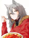  1girl :t absurdres animal_ears arknights eating food fork fur-trimmed_hood fur_trim grey_background grey_hair gupipy hair_between_eyes hand_up highres holding holding_fork hood hood_down hooded_jacket jacket long_hair long_sleeves mask mask_around_neck pasta projekt_red_(arknights) red_jacket simple_background solo spaghetti upper_body wolf_ears wolf_girl yellow_eyes 