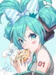  1girl :t aqua_eyes aqua_hair aqua_nails aqua_necktie arm_tattoo bangs bare_shoulders big_hair black_sleeves blush bow cinnamiku cinnamon_roll cinnamoroll closed_mouth collared_shirt detached_sleeves fingernails food green_pupils grey_shirt hair_between_eyes hair_bow hands_up hatsune_miku heart highres holding holding_food icing long_sleeves nail_polish necktie number_tattoo sanrio shirt short_hair striped striped_bow tattoo twitter_username upper_body vocaloid yokoi_aya 