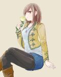  1girl alluring brown_hair flower holding holding_flower kaizoku_sentai_gokaiger kelp_(artist) luka_millfy orange_eyes sitting super_sentai 