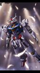  airborne clouds commentary dark_clouds feathers foot_out_of_frame g.yamamoto green_eyes gundam gundam_aerial gundam_suisei_no_majo highres light_rays mecha mobile_suit no_humans open_hands robot solo v-fin white_feathers 
