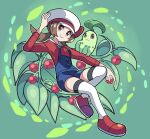  1girl blue_overalls brown_eyes brown_hair cabbie_hat chikorita closed_mouth commentary_request full_body hat highres holding holding_poke_ball long_hair lyra_(pokemon) overalls poke_ball poke_ball_(basic) pokemon pokemon_(creature) pokemon_(game) pokemon_hgss pokemon_on_arm red_footwear red_shirt shirt shoes smile sutokame thigh-highs twintails white_headwear 