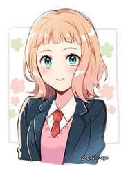  1girl alisa_cartwright aqua_eyes blonde_hair blue_jacket blush closed_mouth collared_shirt jacket lupin_iii medium_hair necktie open_clothes open_jacket pink_sweater_vest red_necktie shina_shina shirt short_bangs smile solo sweater_vest twitter_username upper_body white_shirt 