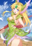  1girl armor blonde_hair bridal_gauntlets dress feathers forehead_jewel green_dress helmet long_hair low-tied_long_hair noma_(kifyz23) open_mouth pauldrons polearm riesz seiken_densetsu seiken_densetsu_3 shoulder_armor violet_eyes weapon winged_helmet 