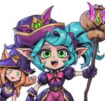  2girls ahri_(league_of_legends) animal_ears bangs bewitching_poppy black_gloves blonde_hair bow bowtie breasts character_request cowboy_shot gloves green_eyes green_hair grey_background hat holding holding_staff large_breasts league_of_legends long_hair multiple_girls pants phantom_ix_row pink_bow pink_bowtie pink_pants poppy_(league_of_legends) puffy_short_sleeves puffy_sleeves shiny shiny_clothes shiny_hair short_sleeves simple_background staff twintails upper_body witch_hat yordle 