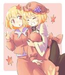  2girls :o aki_minoriko aki_shizuha apron arm_hug arnest autumn_leaves blush bright_pupils brown_skirt closed_eyes food fruit grape_hat_ornament grapes grin hair_ornament hand_up hat hug juliet_sleeves leaf long_sleeves maple_leaf mob_cap multiple_girls neck_ribbon open_mouth orange_eyes outline puffy_sleeves red_apron red_shirt red_skirt ribbon shirt short_hair siblings sisters skirt smile teeth touhou white_outline white_pupils 