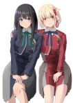  2girls absurdres bangs belt black_hair blonde_hair blue_dress blue_ribbon bob_cut closed_mouth collared_shirt commentary_request dated_commentary dress green_ribbon grey_dress hair_ribbon hand_on_another&#039;s_shoulder highres inoue_takina long_hair long_sleeves lycoris_recoil lycoris_uniform matebashi multiple_girls neck_ribbon nishikigi_chisato pleated_dress red_belt red_dress red_eyes red_ribbon ribbon shirt short_hair simple_background smile two-tone_dress violet_eyes white_background white_shirt 