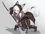  absurdres animal_ears arknights bare_shoulders black_pantyhose black_shirt breasts ears_through_headwear fighting_stance fox_ears fox_girl fox_tail frostleaf_(arknights) full_body grey_background halberd headphones highres holding holding_polearm holding_weapon implied_extra_ears long_hair long_sleeves off_shoulder pantyhose polearm red_eyes shadow shirt simple_background sleeveless sleeveless_shirt small_breasts solo standing tail weapon white_hair yki 