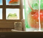  cherry cup drink drinking_glass food frog fruit hachiya_shohei highres indoors mushroom no_humans original signature window 