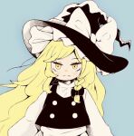  1341398tkrtr 1girl black_headwear black_vest blonde_hair blue_background bow braid closed_mouth hat hat_bow kirisame_marisa long_hair long_sleeves looking_at_viewer side_braid simple_background single_braid solo touhou upper_body vest white_bow witch_hat yellow_eyes 