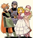 2boys 2girls blonde_hair blue_eyes breasts brown_hair closed_mouth curly_hair dragon_quest dragon_quest_ii dress full_body goggles goggles_on_head goggles_on_headwear hood long_hair male_focus multiple_boys multiple_girls open_mouth piyoko_saito prince_of_lorasia prince_of_samantoria princess_of_moonbrook princess_of_samantoria robe short_hair simple_background smile spiky_hair white_robe 