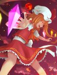  1girl absurdres ascot back_bow bow collared_shirt fang feet_out_of_frame fingernails flandre_scarlet foreshortening frilled_shirt_collar frilled_skirt frills full_moon glowing glowing_eye glowing_wings hat hat_ribbon highres long_hair mendou_jun mob_cap moon multicolored_wings nail_polish open_mouth orange_ascot outdoors puffy_short_sleeves puffy_sleeves red_eyes red_moon red_nails red_ribbon red_skirt red_sky red_theme red_vest ribbon sharp_fingernails shirt short_sleeves side_ponytail skirt sky solo touhou vest white_bow white_headwear white_shirt wings 
