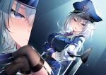  1girl arm_under_breasts blue_headwear blush boots breasts garter_straps gloves grey_eyes grey_hair hat holding large_breasts lilithea looking_at_viewer mata_korosarete_shimatta_nodesune_tantei-sama necktie open_mouth police police_hat police_uniform policewoman purple_necktie riichu short_hair sitting solo thigh-highs uniform white_gloves 