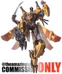  airborne commission highres holding holding_sword holding_weapon mecha no_humans open_hand open_mouth original propeller robot science_fiction solo sword theamazingspino transformers twitter_username weapon white_background 