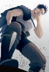  akirata_(mnm001) belt black_capelet black_clover black_footwear black_hair boots capelet cigarette facial_hair grey_eyes highres smoking stubble tank_top white_tank_top yami_sukehiro 