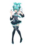  1girl absurdres arms_up bangs black_thighhighs blue_hair blush breasts cinnamiku cinnamoroll eyebrows_hidden_by_hair green_eyes green_hair hair_between_eyes hair_ribbon hatsune_miku highres long_hair looking_at_viewer open_mouth ribbon simple_background skirt smile solo standing tangdouji_(machine) thigh-highs vocaloid white_background 
