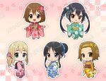  5girls :d :o akiyama_mio bangs black_eyes black_hair blonde_hair blue_eyes blue_kimono blue_scrunchie brown_eyes brown_hair chibi commentary_request double_v floral_print flower full_body green_kimono hair_flower hair_ornament hair_ribbon hair_scrunchie hairband hairclip hands_up hirasawa_yui japanese_clothes k-on! kimono kotobuki_tsumugi light_blush long_hair looking_at_viewer multiple_girls nakano_azusa open_mouth parted_lips pink_kimono red_kimono ribbon ryuuka_sane sample_watermark scrunchie short_hair smile tainaka_ritsu teeth twintails upper_teeth v yellow_hairband yellow_kimono yukata 