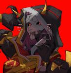  1girl android apex_legends ash_(titanfall_2) black_sclera cable claw_pose colored_sclera highres hood hood_up horns inner_demon_ash jacket mask official_alternate_costume portrait purple_hair red_background red_eyes red_jacket ruu47 simulacrum_(titanfall) smile solo 