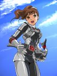  1girl alluring blue_sky brown_eyes brown_hair engine_sentai_go-onger sky super_sentai sutou_miu 大山 