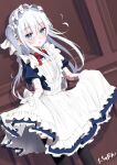  1girl against_wall alternate_costume alternate_hairstyle apron black_thighhighs blue_dress blue_eyes dress dutch_angle enmaided feet_out_of_frame frilled_apron frills hibiki_(kancolle) highres kantai_collection long_hair looking_at_viewer maid maid_headdress neck_ribbon one_side_up red_ribbon ribbon skirt_hold solo standing tachakan thigh-highs white_apron white_hair 