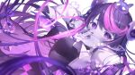 1girl bangs character_request colored_skin covering_mouth hands_up heart heart-shaped_pupils highres looking_at_viewer multicolored_hair purple_hair purple_skin purple_theme ryota_(ry_o_ta) simple_background solo space_leaper:_cocoon swept_bangs symbol-shaped_pupils two-tone_hair upper_body violet_eyes white_background 