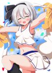  1girl :d ^_^ alternate_costume bare_shoulders black_hairband black_ribbon blue_sky blush border breasts cheerleader closed_eyes commentary_request confetti crop_top grey_hair hair_ribbon hairband happy highres konpaku_youmu konpaku_youmu_(ghost) leg_up leg_warmers midriff miniskirt navel open_mouth outdoors pleated_skirt pom_pom_(cheerleading) ribbon shimurei shirt skirt sky sleeveless sleeveless_shirt small_breasts smile stomach touhou white_border white_shirt 