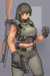  1girl absurdres armor bangs belt belt_buckle black_belt black_hair brown_eyes buckle clenched_hand commentary english_commentary gloves grey_background grey_gloves grey_pants gun hair_between_eyes handgun highres holding holding_gun holding_weapon kelvin_hiu long_hair looking_at_viewer midriff multiple_scars navel original pants parted_lips scar scar_on_cheek scar_on_face short_sleeves shotgun simple_background solo standing trigger_discipline weapon weapon_on_back 