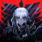  1boy armor artist_name berserk blood blood_from_eyes blue_eyes commentary crying crying_with_eyes_open english_commentary facing_viewer griffith_(berserk) highres long_hair looking_at_viewer male_focus red_background shoulder_armor solo tax_oc tears wavy_hair white_hair 