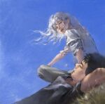  2boys aizheajsee arms_behind_back berserk black_hair black_tank_top blue_eyes blue_sky closed_eyes closed_mouth commentary commentary_request grass griffith_(berserk) guts_(berserk) highres long_hair looking_at_viewer lying male_focus mouth_hold multiple_boys on_grass parted_lips shirt short_hair short_sleeves sitting sky sleeping smile spiky_hair stalk_in_mouth tank_top white_hair white_shirt 