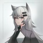  1girl animal_ears arknights bangs black_coat closed_mouth coat grey_background grey_eyes grey_hair hair_ornament hairclip highres lappland_(arknights) long_hair long_sleeves looking_at_viewer oldercat scar scar_on_face smile solo upper_body wolf_ears wolf_girl 