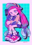  1girl baseball_cap black_headwear black_skirt blue_eyes chestnut_mouth clownfish commentary drooling full_body harmony&#039;s_clownfish_(splatoon) harmony_(splatoon) hat highres inkling long_hair looking_at_viewer low-tied_long_hair menma_(enaic31) miniskirt object_hug open_mouth pink_footwear pink_hair shoes skirt sneakers socks splatoon_(series) stuffed_toy sweater tareme tentacle_hair twintails twitter_username white_socks yellow_sweater 