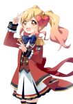  1girl aikatsu!_(series) aikatsu_stars! bangs blonde_hair blue_bow blush bow bowtie coat cowboy_shot double_v epaulettes gradient_hair hair_bow haru_(konomi_150) highres looking_at_viewer medium_hair multicolored_hair nijino_yume open_mouth orange_eyes orange_hair over-kneehighs red_bow red_coat red_vest s4_uniform simple_background single_stripe skirt smile solo standing striped striped_skirt swept_bangs tailcoat thigh-highs v vest white_background yellow_thighhighs 