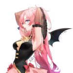  1girl adjusting_hair armpits arms_up bangs black_wings breasts demon_girl demon_wings elbow_gloves eyebrows_hidden_by_hair gloves green_eyes highres long_hair looking_at_viewer magical_girl mouth_hold original pink_hair ribbon simple_background skirt solo tangdouji_(machine) upper_body white_background wings 