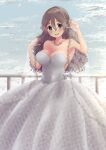  1girl absurdres alternate_costume breasts bridal_veil brown_eyes dress grey_hair hair_between_eyes highres jewelry kantai_collection large_breasts long_hair looking_at_viewer mizunototori necklace outdoors pola_(kancolle) railing sky smile solo standing strapless strapless_dress veil wavy_hair wedding_dress white_dress 