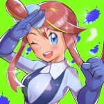  1girl blue_eyes blue_gloves blush clenched_hand crop_top feathers gloves green_background inana_umi looking_at_viewer one_eye_closed open_mouth paint_splatter pokemon pokemon_(game) pokemon_bw redhead salute skyla_(pokemon) smile solo teeth upper_body upper_teeth 