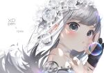  1girl bangs blush commentary_request copyright_request flower grey_eyes grey_flower grey_hair grey_nails hair_flower hair_ornament hands_up jewelry leaf long_hair looking_at_viewer portrait ring ryota_(ry_o_ta) shadow simple_background solo white_background xp-pen 