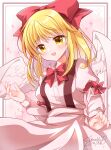  1girl absurdres angel_wings artist_name bangs blonde_hair blush bow bowtie buttons commentary_request cowboy_shot feathered_wings gengetsu_(touhou) hair_bow highres juliet_sleeves long_sleeves open_mouth pink_shirt pink_skirt puffy_sleeves red_bow red_bowtie red_ribbon ribbon shirt short_hair signature skirt smile solo suspender_skirt suspenders touhou touhou_(pc-98) upper_body white_wings wings yellow_eyes yurufuwa_milk 