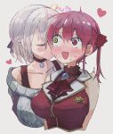  2girls bare_shoulders blush braid breasts choker closed_eyes collarbone commentary_request cropped_torso facing_another fang grey_hair heart highres hololive houshou_marine kiss kissing_cheek large_breasts long_hair multiple_girls nabisuko25 open_mouth red_eyes redhead shirogane_noel short_hair smile sweat twintails virtual_youtuber yellow_eyes yuri 